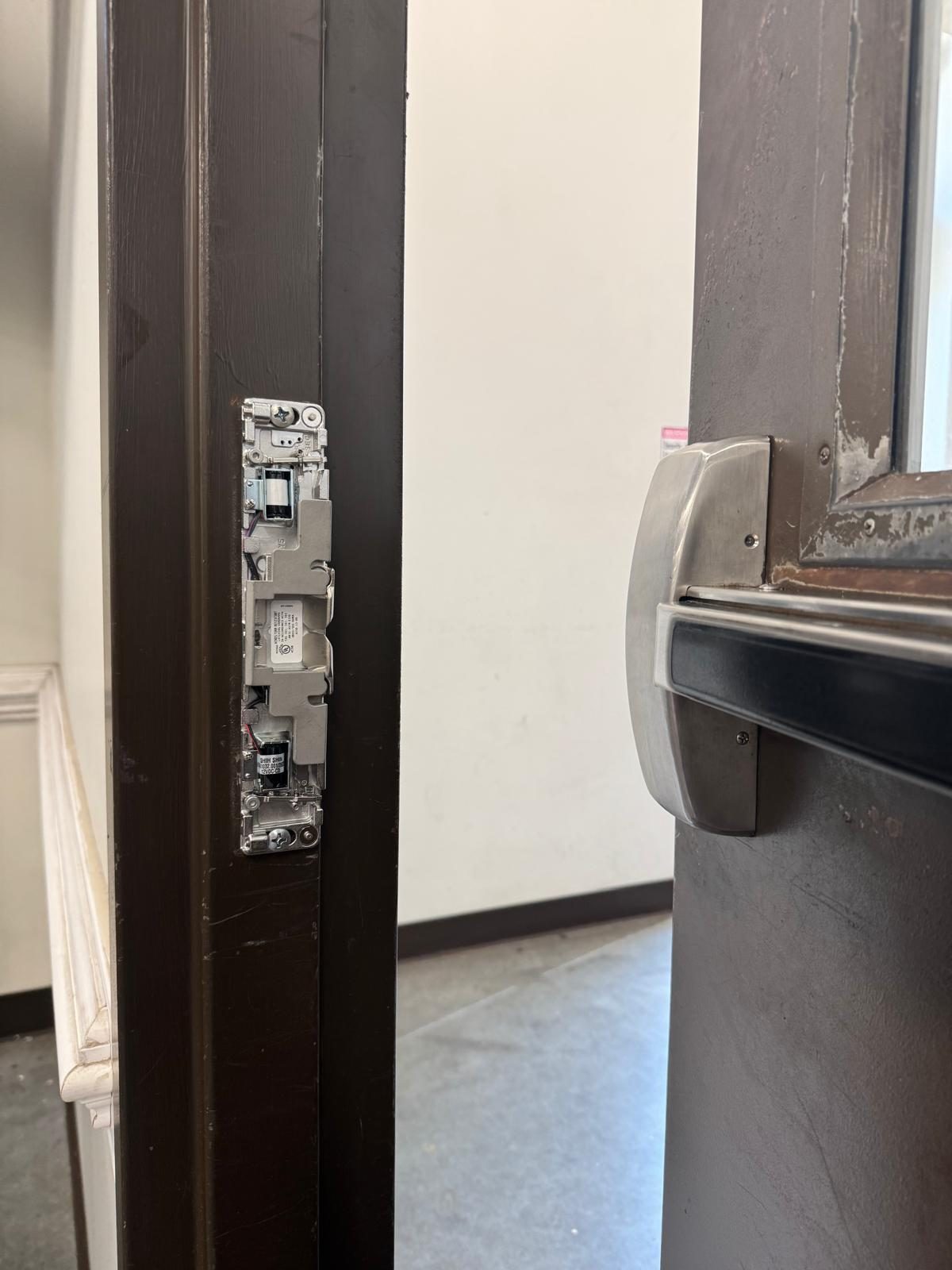Close-up of electric strike lock hardware
