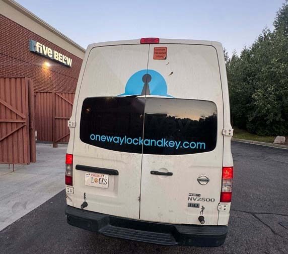 One Way Lock and Key van responding to a call in a Richmond-area shopping center
